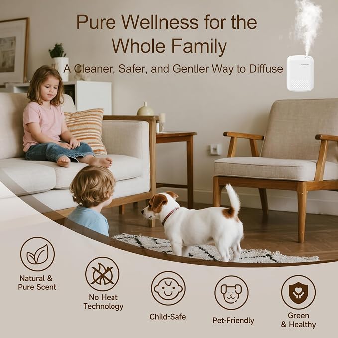 Waterless Essential Oil Diffuser, 2500 Sq.Ft Coverage, Bluetooth App Control, No-Noise Wall-Mounted Aroma Diffuser, 400ml, Perfect for Home, Hotel & Office, Valentines Day Gift, White