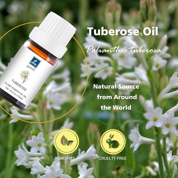 GM Gumili Tuberose Essential Oil - Pure Natural Fragrance for Aromatherapy, Perfume Making, Candles, Soap, Room Spray, Diffuser Blends - Organic, 10mL Undiluted
