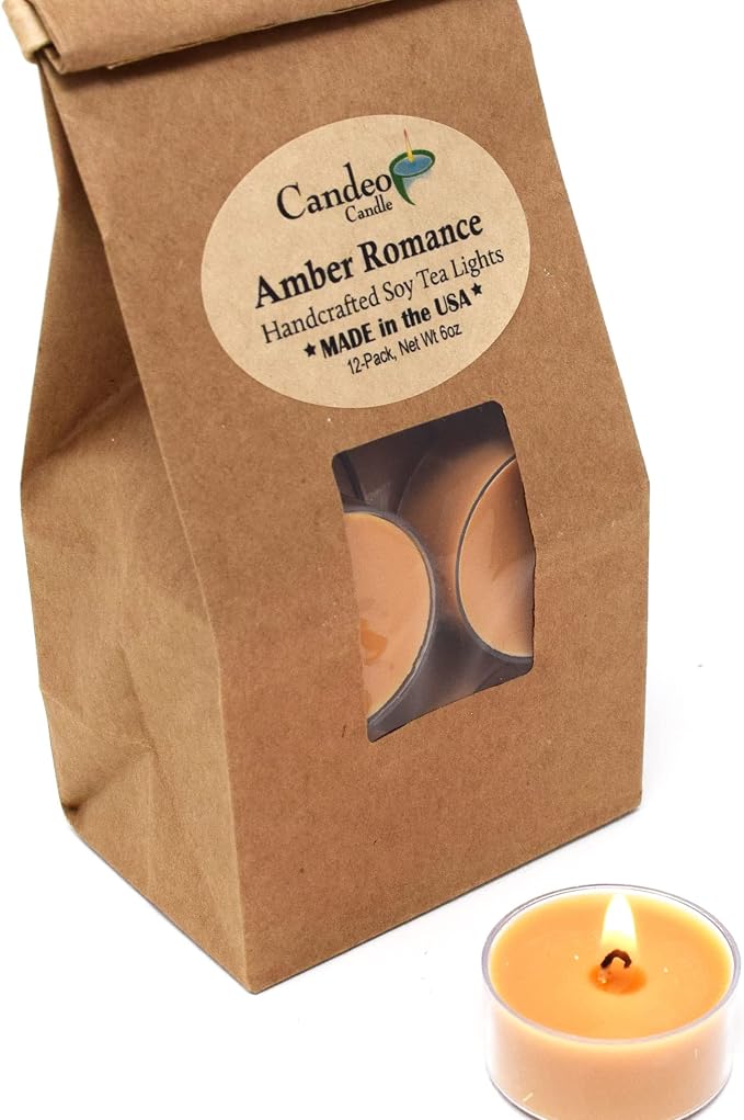 Amber Romance Scented - Soy Tealight Candles, 12 Pack - Beige Tealight Candles - Highly Scented - Made with Soy Wax - Handmade in The USA - Candeo Candle - Summer Scents