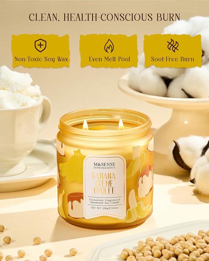 M&SENSE Banana Crème Brûlée Scented Candle, 11.6oz Natural Soy Wax, 70 Hours Long Lasting Clean Burn, Holiday Jar Candle for Home Decor, Non-Toxic Relaxing Aromatherapy Gifts for Women