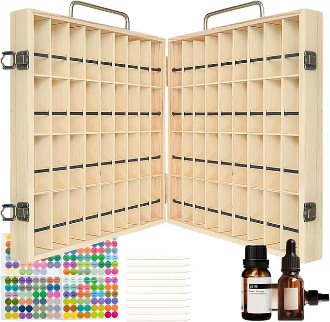 Pure Vie Wooden Essential Oil Storage Box Travel Organizer Case with Bottle Cap Label - Aromatherapy Nail Polish Fragrance Container, Holds 72 Bottle for 5-15ml - Keep Scented Oil Safe & Space Saver