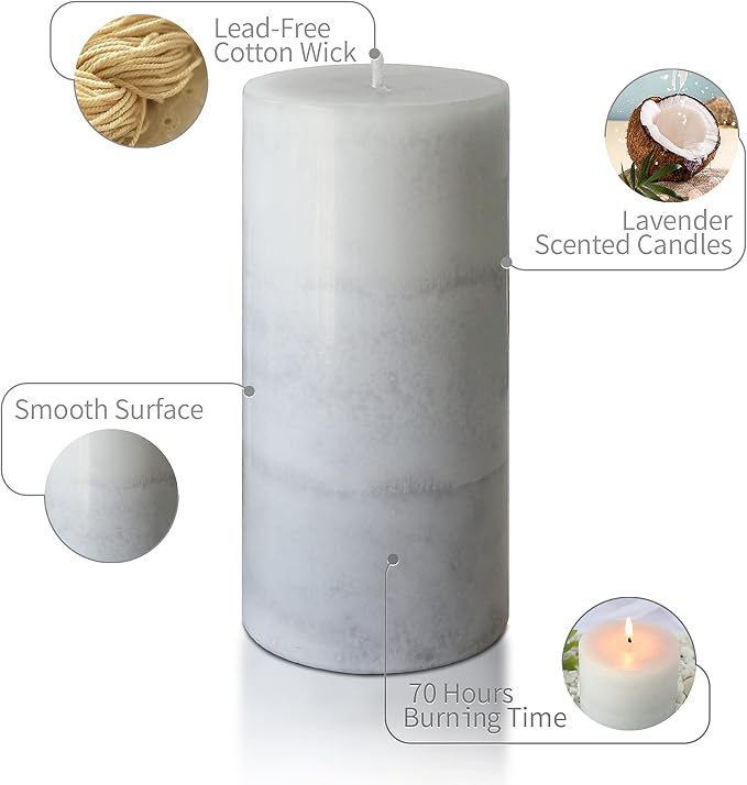 CRYSTAL CLUB White Pillar Candles, Aromatherapy Scented Candles, Set of 3 Tall 3x6 Inch Rustic Grey Candles, Clean Burning and Dripless Candle Lights, Creamy Coconut Scented for Home Décor