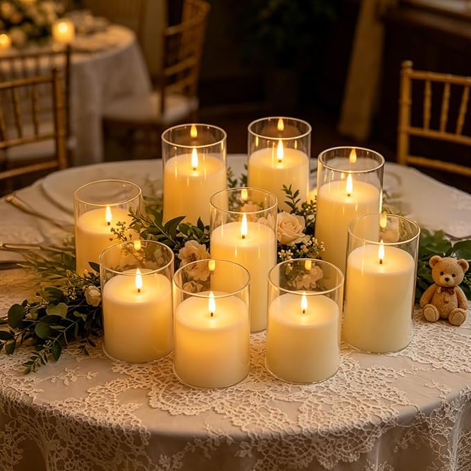 kakoya Flickering Flameless Candles Battery Operated with Remote and 2/4/6/8 H Timer Acrylic Led Pillar Candles Pack of 9 (D 3" xH 4" 5" 6") with Realistic 3D Wick Candles for Home Decor(Ivory)