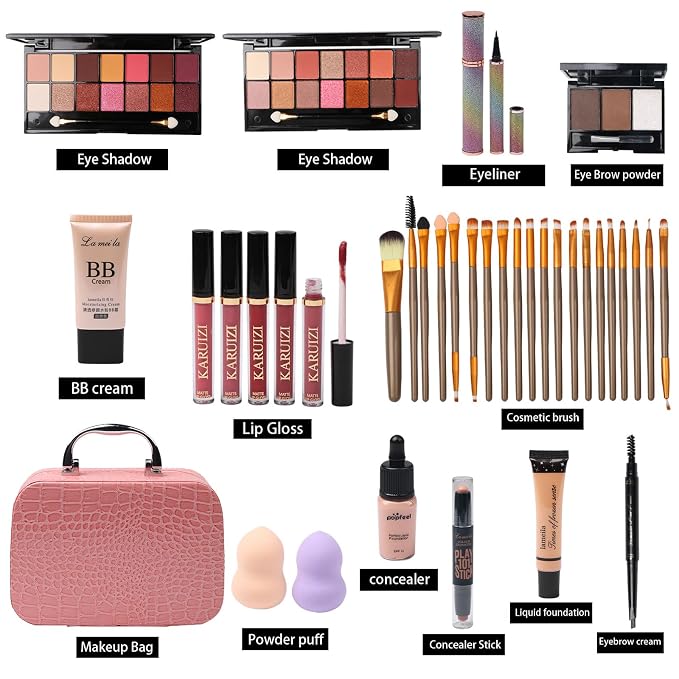 MTDXILTAI All in One Makeup Kit for Makeup storage bag 2X14 Colors Eyeshadow Palette Liquid Foundation Eyeliner Pencils Contouring Stick 20Pcs Make up Brushes For Women Girls Teens (Pink)