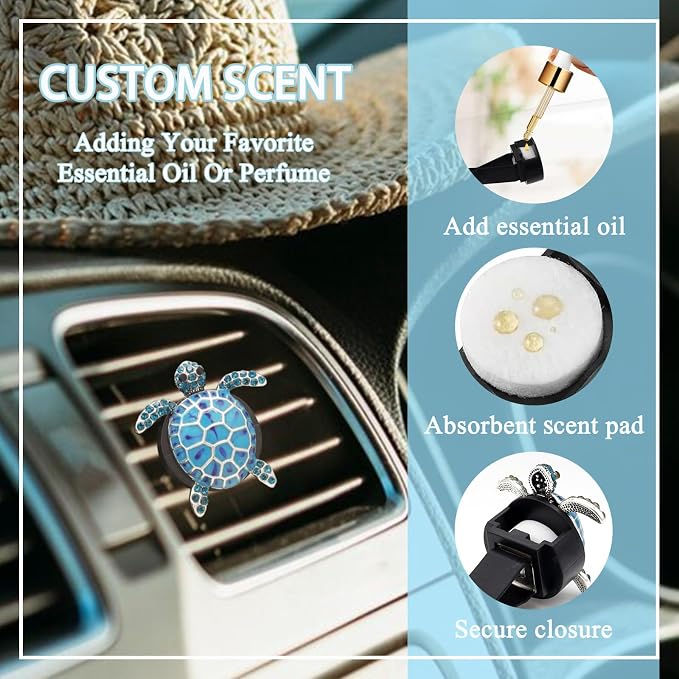 ORIESSE Sea Turtles Car Decor,Cute Blue Silver Beach Themed Air Freshener Vent Clips,2pcs Glamorous Turtle Coastal Car Accessories Interior Decoration for Women,Refillable Diffuser