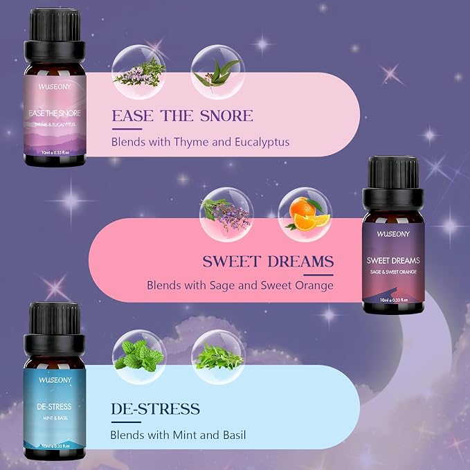 WUSEONY Sleep Essential Oils Set for Diffusers for Home, Set of 6 Essential Oil Blend Aromatherapy - Eucalyptus, Jasmine, Orange, Lavender, Cedar, Mint