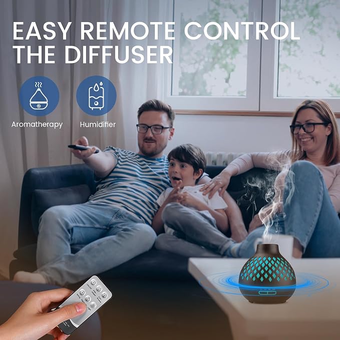 Aeshory Aromatherapy Diffuser & 12 Essential Oils Set, 550ML Aromatherapy Diffuser for Home, Ultrasonic Cool Mist Humidifier with Remote Control 4 Timer 7 Color LED Light, Waterless Auto Off, Dark