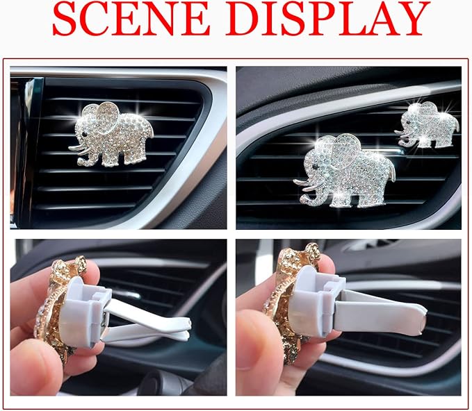 Rhinestone Elephant Car Air Vent Clip, 2PCS Bling Crystal Elephant Car Diffuser Air Conditioner Outlet Decoration Charms, Cute Auto Diamond Decoration Interior Accessories for Women Style E