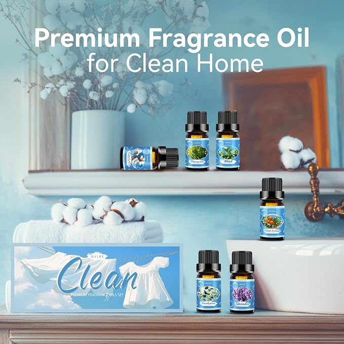 Clean Essential Oils Set for Diffuser & Candle Making | 6 Pack Premium Aromatherapy Oils Gift Set - Lavender, Eucalyptus, Mint, Sweet Orange, Lemongrass, Clean Cotton for Home