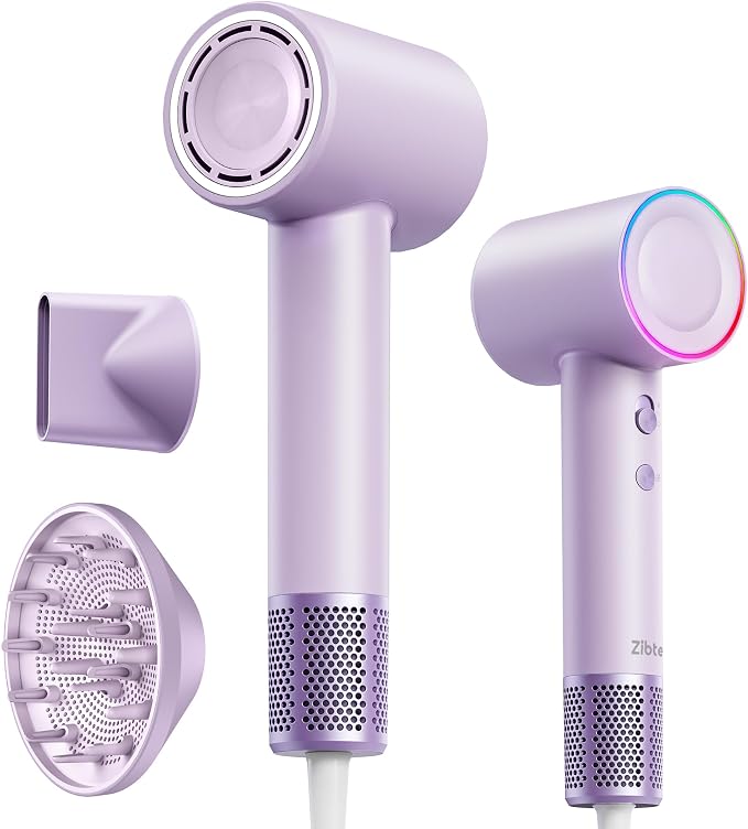 High-Speed Hair Dryer, 160,000 RPM Brushless Motor for Ultra-Fast Drying, 500M Ionic Negative for Frizz Reduce, Low Noise Thermo-Control Blow Dryer with Diffuser for Curly Hair Women and Men,Purple