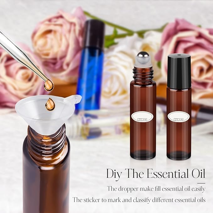 10ml Roller Bottles for Essential Oils, 4 Pack Glass Roll on Bottles, Refillable Perfume Bottle, with Stainless Steel Roller Balls, 2 Droppers, 1 Opener, Labels (Amber)