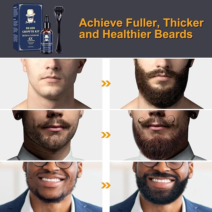 Beard Growth Kit, Beard Growth Oil (2Oz) w/Biotin & Castor Oil, Beard Massager for Patchy/Spot Beard, Beard Kit for Men's Grooming, Dad Day Gifts Fathers Day, Birthday Gifts for Him Boyfriend Husband