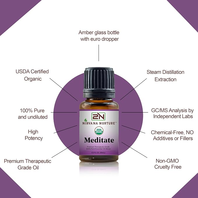 Meditate Blend USDA Certified Organic, 100% Pure and Premium, Undiluted, Meditation, Aromatherapy, Calm, Relax