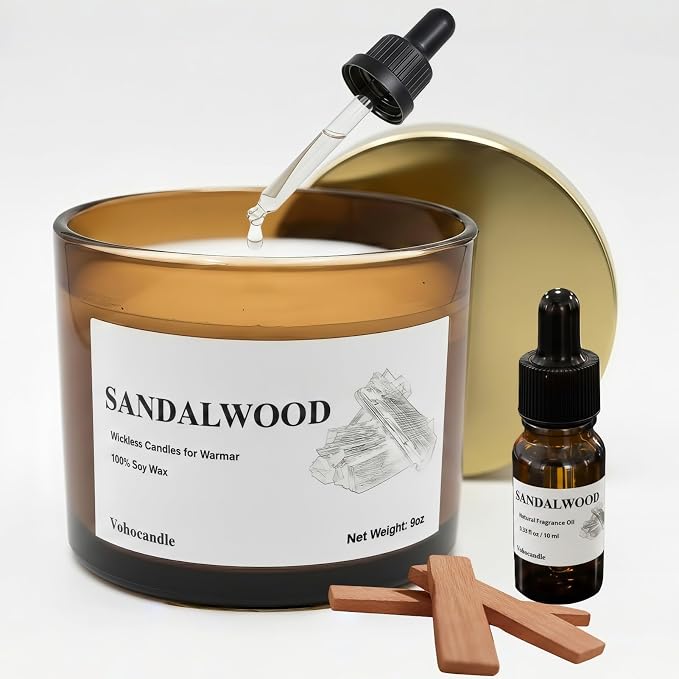 VOHO Sandalwood Wickless Candles for Candle Warmer Lamp, 9oz Soy Scented Candles & 10ml Essential Oils for Customizable Aroma, Wickless Sandalwood Candle for Warmer Lamp Holiday Birthday Gifts for Men