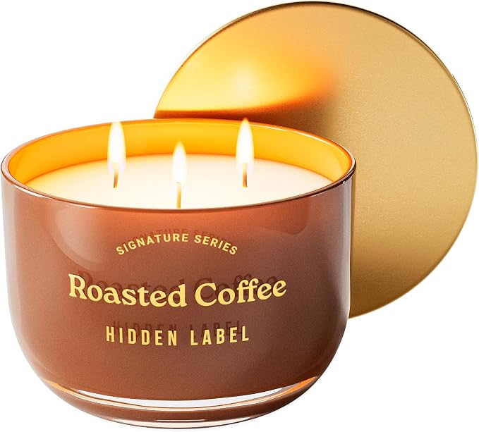 Roasted Coffee Scented Candle, 18oz Natural Soy Wax Non Toxic, 3-Wick Large Candles for Home, 75 Hours Burn Time, Strong Cold & Hot Throw, Coffee Lover Gift, Kitchen & Office, Long Lasting Aroma