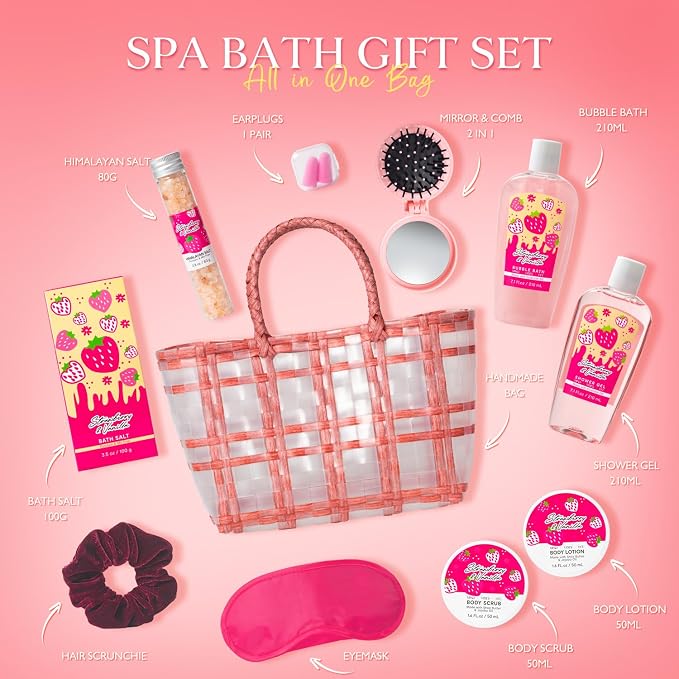 Spa kit Unique Gifts Basket for Women, Rose Bath and Body Gift, Birthday Gifts Skin Care Set, Self Care Pampering Kit Teen Girls Tote Bag Home Spa, Comb, Birthday, Mother Day, Bridal Shower