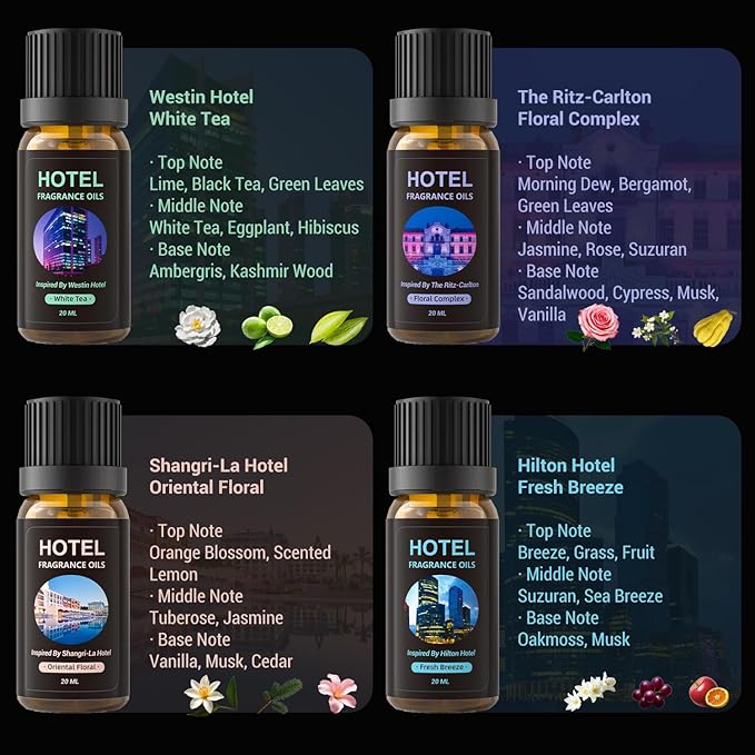 Waterless Diffuser Kit with 4 x 20mL Hotel Fragrance Oil,Aluminum Alloy | Cordless Battery powered, 7-color LED,4 Timers，3 Mist Levels ，Home Car Office Room