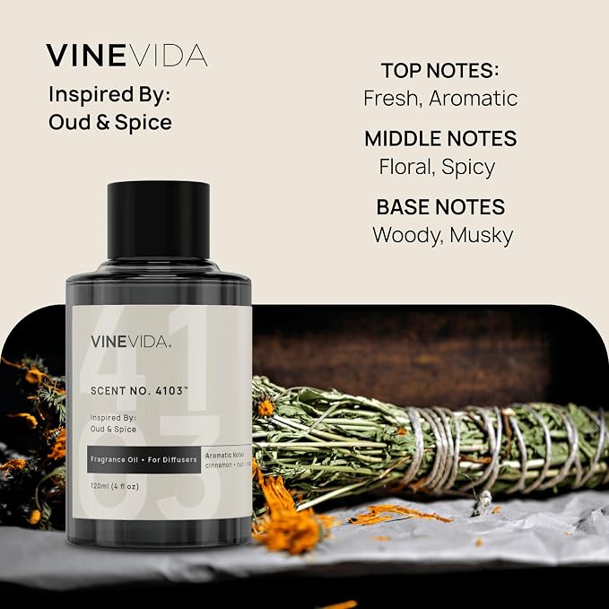 VINEVIDA [4 Oz] Inspired by: Oud & Spice; Diffuser Oil Refill | Premium Scent Diffuser Oil for Home | Non-Toxic Fragrance