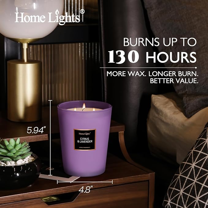 HomeLights Scented Candles - Large Jar Aromatherapy, Natural Soy Wax, 130 Hour Long Burning, Citrus & Lavender