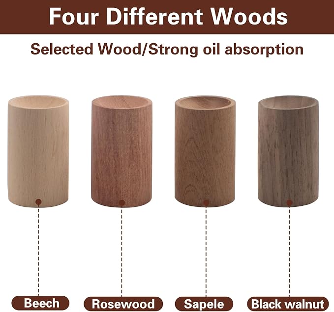 4 PCS Wood Essential Oil Diffusers, 4 Different Woods Small Cylinder Passive Diffuser for Home, Office, Bathroom, Bedroom, Car, Wardrobe, Yoga Hall and SPA (Wood Has No Fragrance)