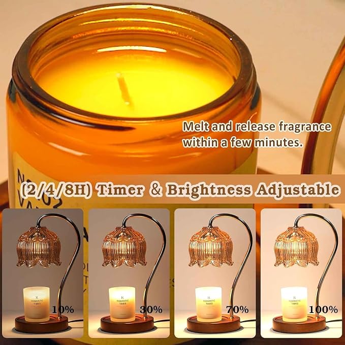 Funistree Flower Candle Warmer Lamp with Timer, Dimmable Candle Lamp Warmer, Christmas Birthday Gifts for Women Mom Her, Housewarming Home Decor, Lotus Wax Warmer for Yankee - Amber-2 Pack 10 Inch