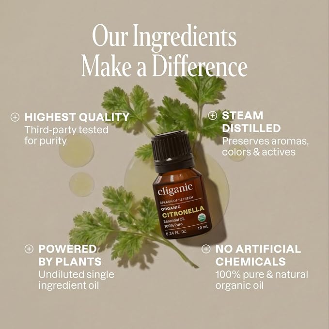 Cliganic Organic Citronella Essential Oil, 100% Pure Natural for Aromatherapy | Non-GMO Verified