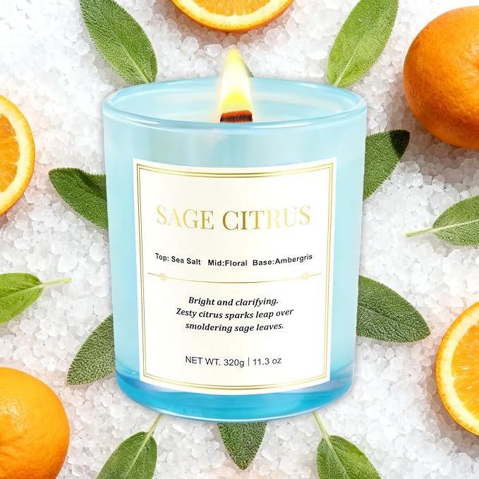 Scented Candles for Home,Wood Wick Sage Citrus Scented Candle,22.6 oz 150 Hour Long Burning Lasting, Natural Soy Wax Candles Gifts Set,for Holiday Day