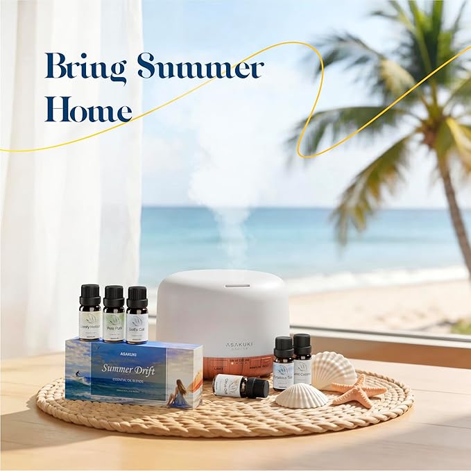 Summer Essential Oils Set for Diffuser, ASAKUKI Tropical Home Fragrance Oils for Women, Beach-Inspired Aromatherapy Diffuser Oils for Bedroom, Bathroom & Living Room