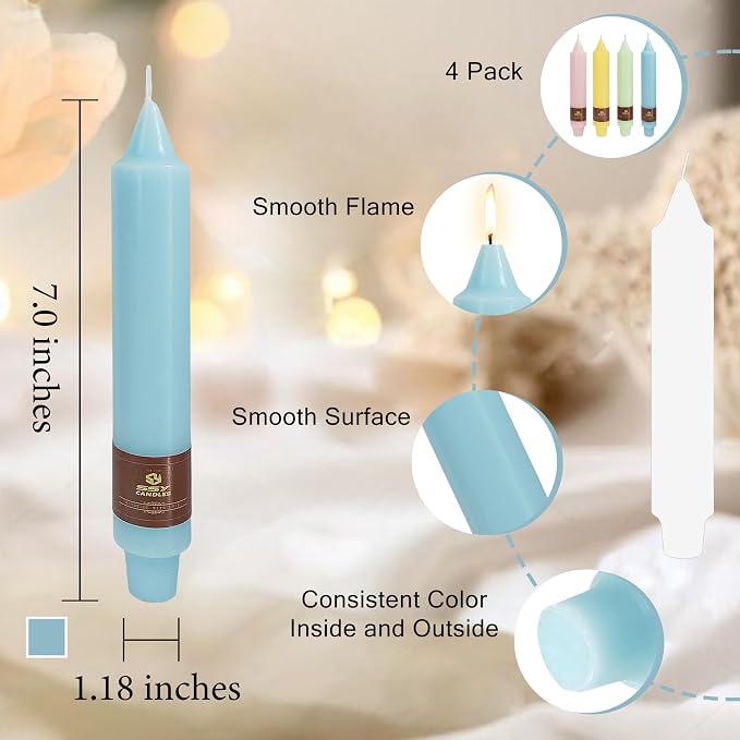 Pastel Short Taper Candle 7 Inch Candlesticks Unscented Dripless Tapered Candle Set for Home Decor Wedding Party Dinner Candles, 4 Pack