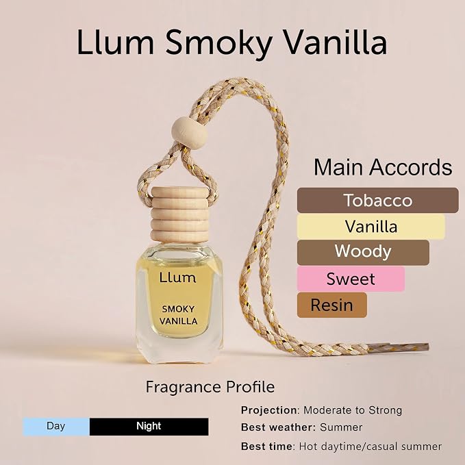 Llum Smoky Vanilla Hanging Car Air Freshener – Luxury Automotive Perfume Diffuser 10ml (0.34 fl oz), Long-Lasting Fragrance, Alcohol-Free Non-Toxic Car Scent, Glass Bottle With Wood Cap