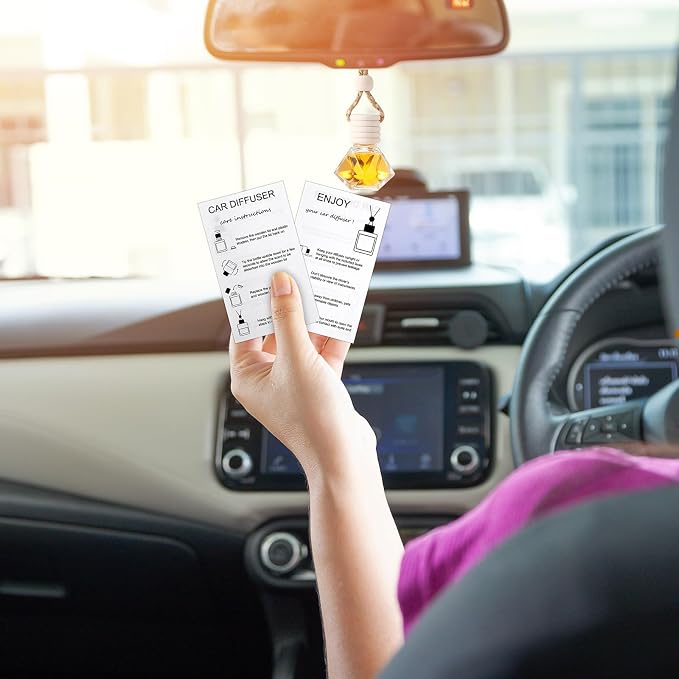 Boao 50 Sets Hanging Car Air Freshener Diffuser Bottles Empty Bulk with Car Diffuser Instruction Cards Organza Bags Glass Refillable Essential Oil Fragrance Aromatherapy Pendant (Diamond)