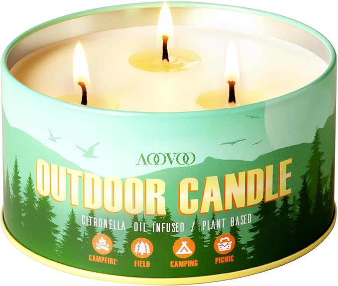 AOOVOO Citronella Candles Outdoor - 3 Wick 12oz Large Camping Candle, Natural Essential Oil Soy Wax Non Toxic, Strong Scented Candles for Outside Backyard Garden Picnic