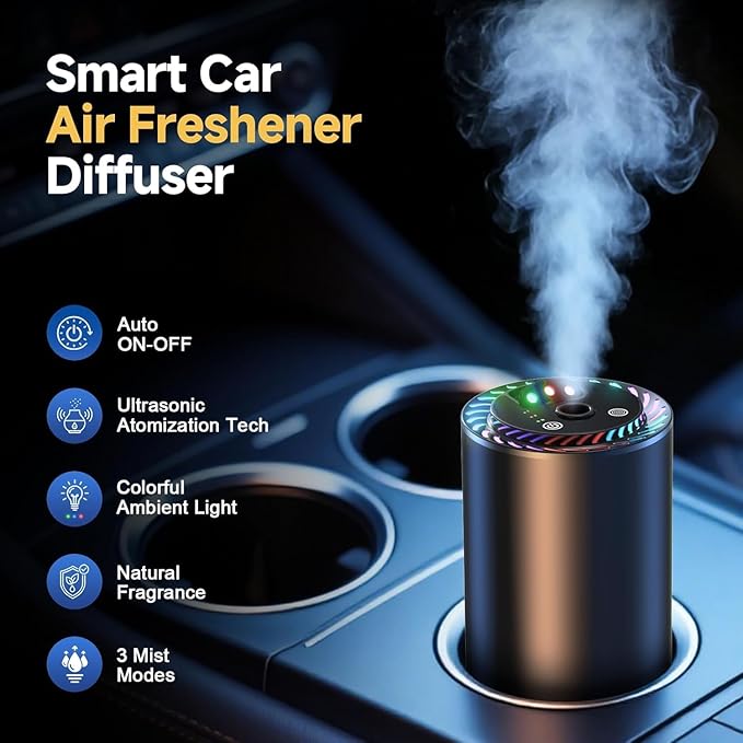 Smart Car Air Freshener with Star Light & 150ml Diffusers Oil Refills, Auto On/Off Aroma Diffuser, 3 Adjustable Modes Rechargeable Aromatizante para Carro - Car Diffuser（Mahogany Teakwood*3）
