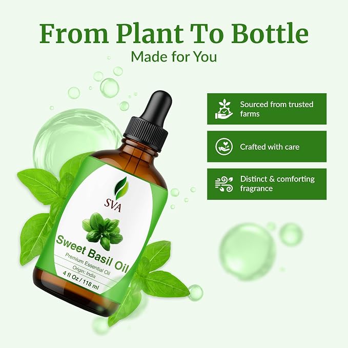 SVA Sweet Basil Essential Oil – 4 Fl Oz – 100% Natural Basil Oil - for Diffuser, Hair Care, Face, Skin Care, Aromatherapy, Scalp and Body Massage, Soap and Candle Making – with Dropper