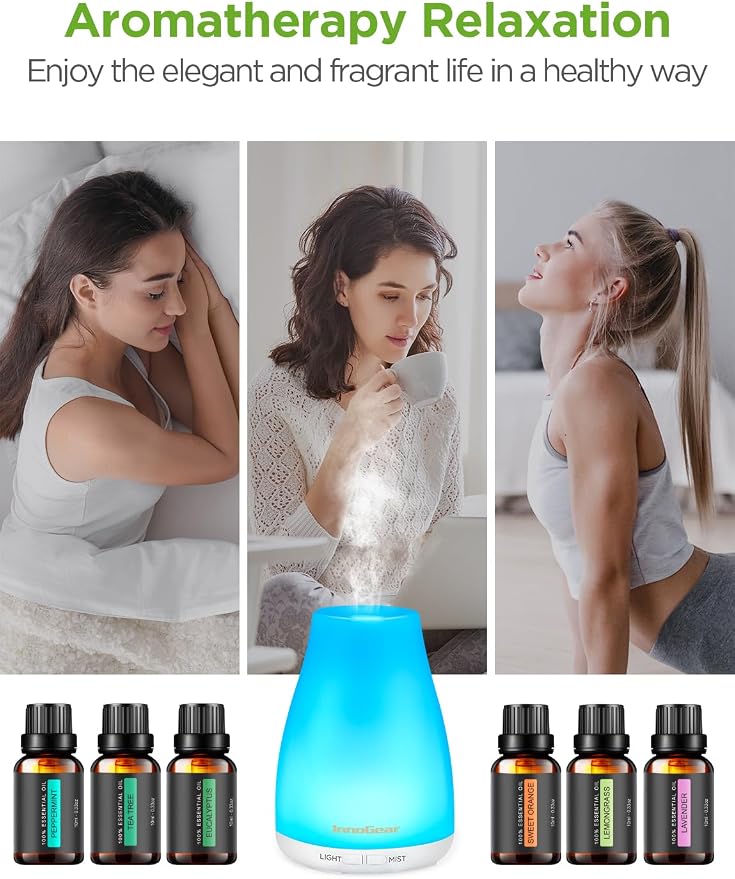 InnoGear Essential Oil Diffuser with Oils, 100ml Aromatherapy Diffuser with 6 Essential Oils Set, Aroma Cool Mist Humidifier Gift Set, White
