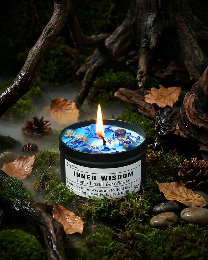 Inner Wisdom Candle – Lapis Lazuli Intuition Ritual | Third Eye Chakra | Clarity | Self-Trust | Spiritual Gift | Vegan Soy Crystal Candle (8 oz).