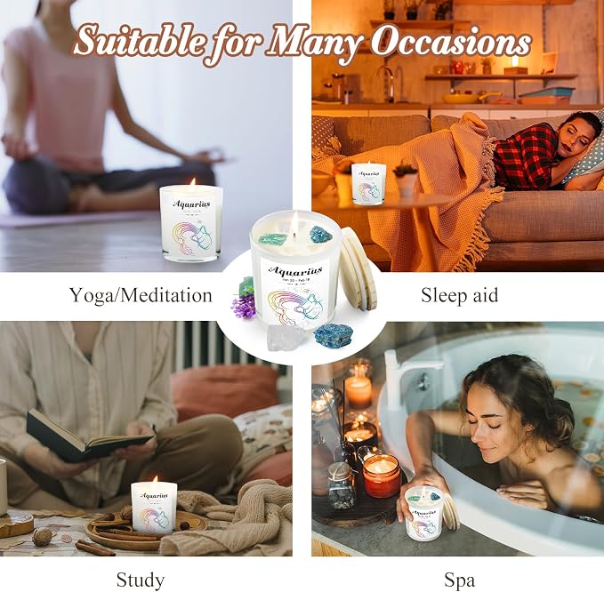 Aquarius Gifts for Women, Zodiac Aquarius Candle with Healing Crystals, Astrology Birthday Gifts for Women, Mom, Sister, Friends, Meditation, Yoga, Relaxation (7oz)