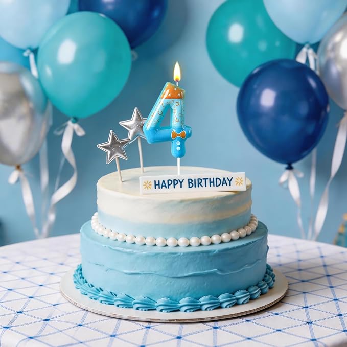 Number 4 Birthday Candle for Cake – Blue Cartoon Outfit Style with Bow Tie, Question Mark & Star Pattern – Fun Cake Topper Decoration for Celebration