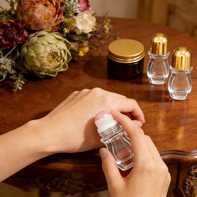 Green Aventurine Clear Roller Waisted Bottles for Essential Oils,50ml Refillable Clear Glass Roll On Bottles with Natural Crystal Roller Balls, Leak-Proof Travel Perfume Bottle with Gold Caps