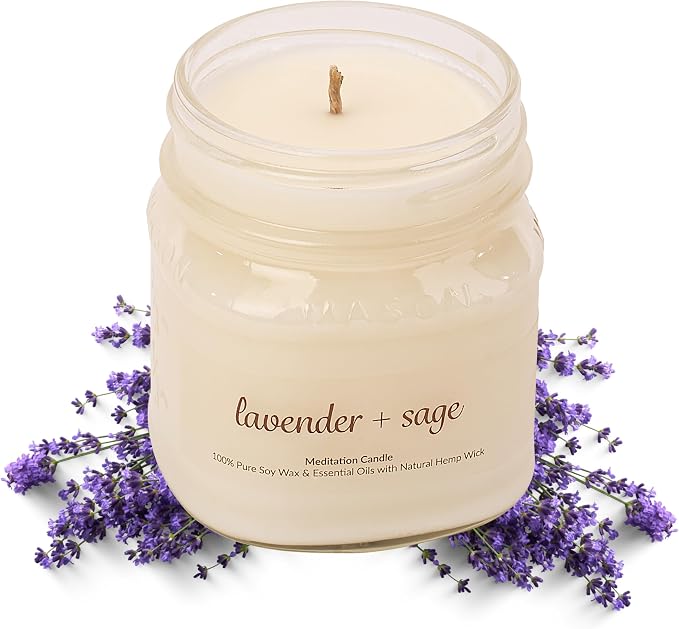 Meditation Soy Wax Candle, Relaxing and Banishing Negative Energy, Non-Toxic Handpoured Glass Jar Candle - Clean Burning, Long Lasting, Candles for Home, Fragrance (Lavender + Sage)
