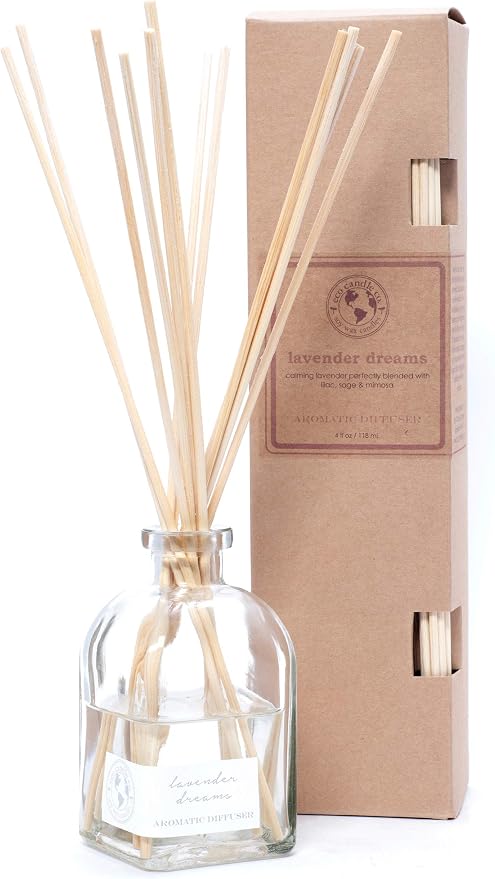 ECO CANDLE CO. Reed Diffuser Set, Lavender Dreams, 4 oz. - Scents of Lavender, Lilac, Sage, & Mimosa - Premium Fragrance and Essential Oil Blends, Clear Glass, 12 Reed Sticks, Recycled Kraft Box