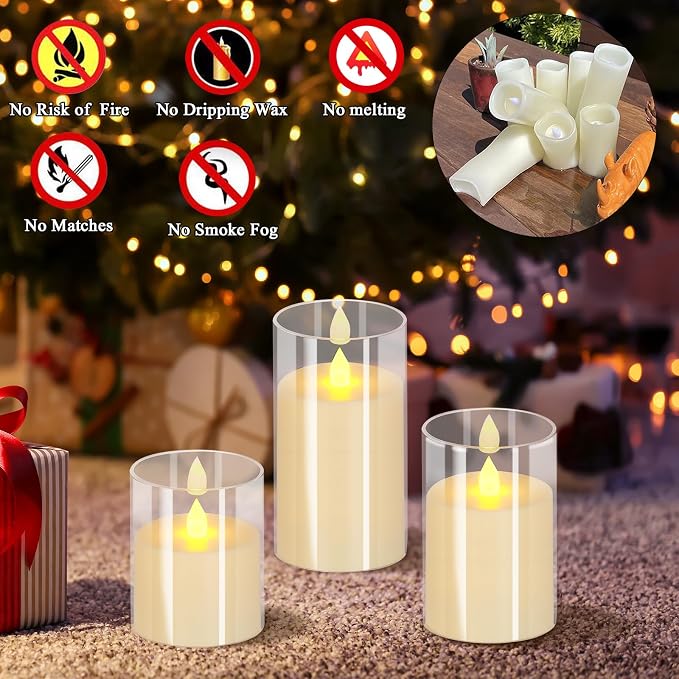 wemarry Flameless Candles 4" 5" 6" Acrylic Glass Pillars 3" Diameter Battery Operated Flickering Candles Include 8-Key Remote with Timer Function 400+ Hours (Pure White, Warm Light 9 Pack)