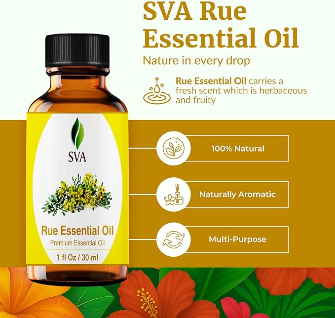 SVA Rue Essential Oil – 1 Fl Oz – 100% Natural Rue Oil - for Diffuser, Hair Care, Face, Skin Care, Aromatherapy, Scalp and Body Massage, Soap and Candle Making - with Dropper