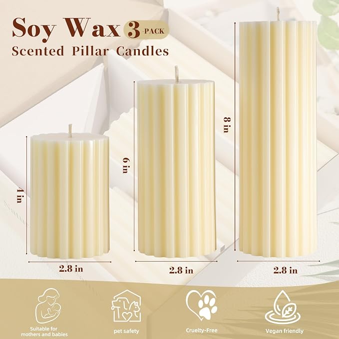 Ribbed Soy Pillar Candles Set of 3, Cashmere Amber Scented, Natural Soy Wax, 266 Hour Long Burning, 2.8x4/6/8 inch Large Pillar Candles for Home Decor, Relaxation, Bathroom, Living Room