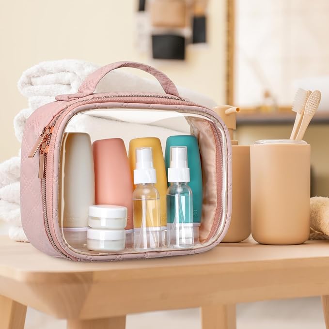 PACKISM TSA Approved Toiletry Bag Set with Bottles, 8 Pack Leakproof 3.4oz Silicone Travel Containers, BPA Free Squeezable Travel Bottles for Shampoo & Lotion, Pink