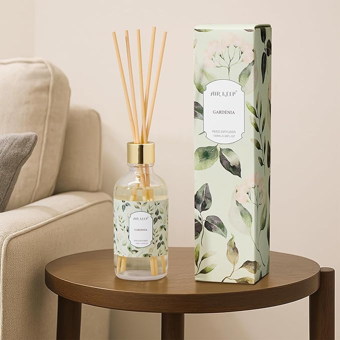 Airkeep Reed Diffuser Oil Set with Reed Sticks, Gardenia Aromatherapy Oil Scent Diffuser for Home Office Bathroom Decoration Perfume and Gifts 3.38 oz/100ml
