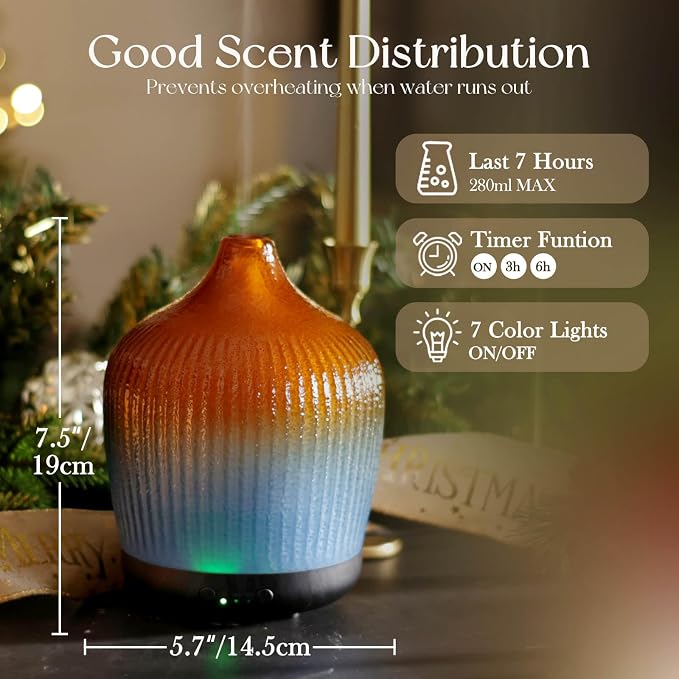 Porseme 280ml Essential Oil Diffuser, Ultrasonic Cool Mist Humidifier with Color Changing, Auto Shut-Off, 6-10 Running Hours, Aromatherapy Glass Diffusers for Home Bedroom, Office, Yoga (Yellow-Blue)