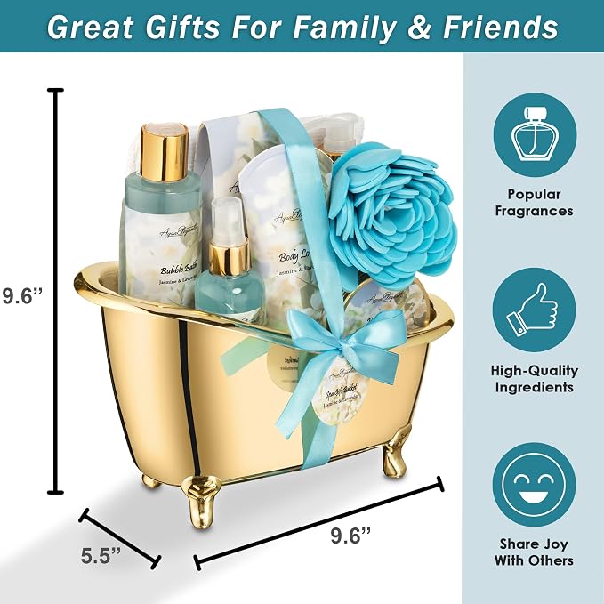 Aqua Elegante Spa Gift Basket - Luxury Bath Set with Body Wash, Bubble Bath, Lotion, Salts, Scrub, Spray, Shower Puff, Towel, Gifts for Women, Mom, Wife, Her - Jasmine & Lavender