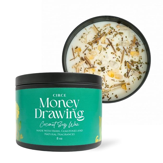Circe Spell Candle “Money Drawing” Coconut Soy Wax Candle Jar– Premium Hand Poured & Long Burning– Herbs, Crystal & Natural Fragrance Oils- Manifest Wealth, Abundance, & Opportunity - Gift - 8oz