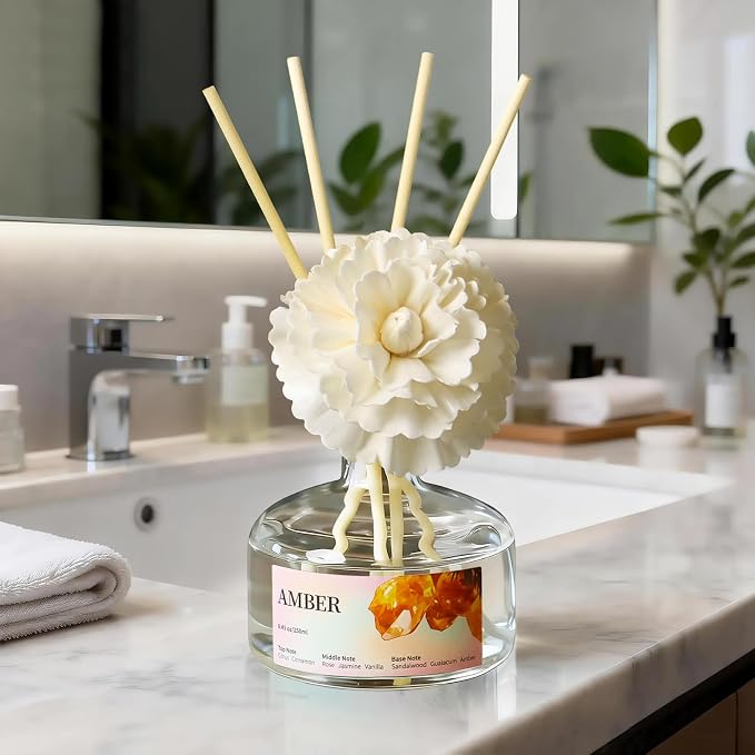 8.45 oz Amber Scent Diffusers with 6 Reed Sticks,250ml Reed Diffuser for Bathroom Room Air Freshener, Last up for 50 Days